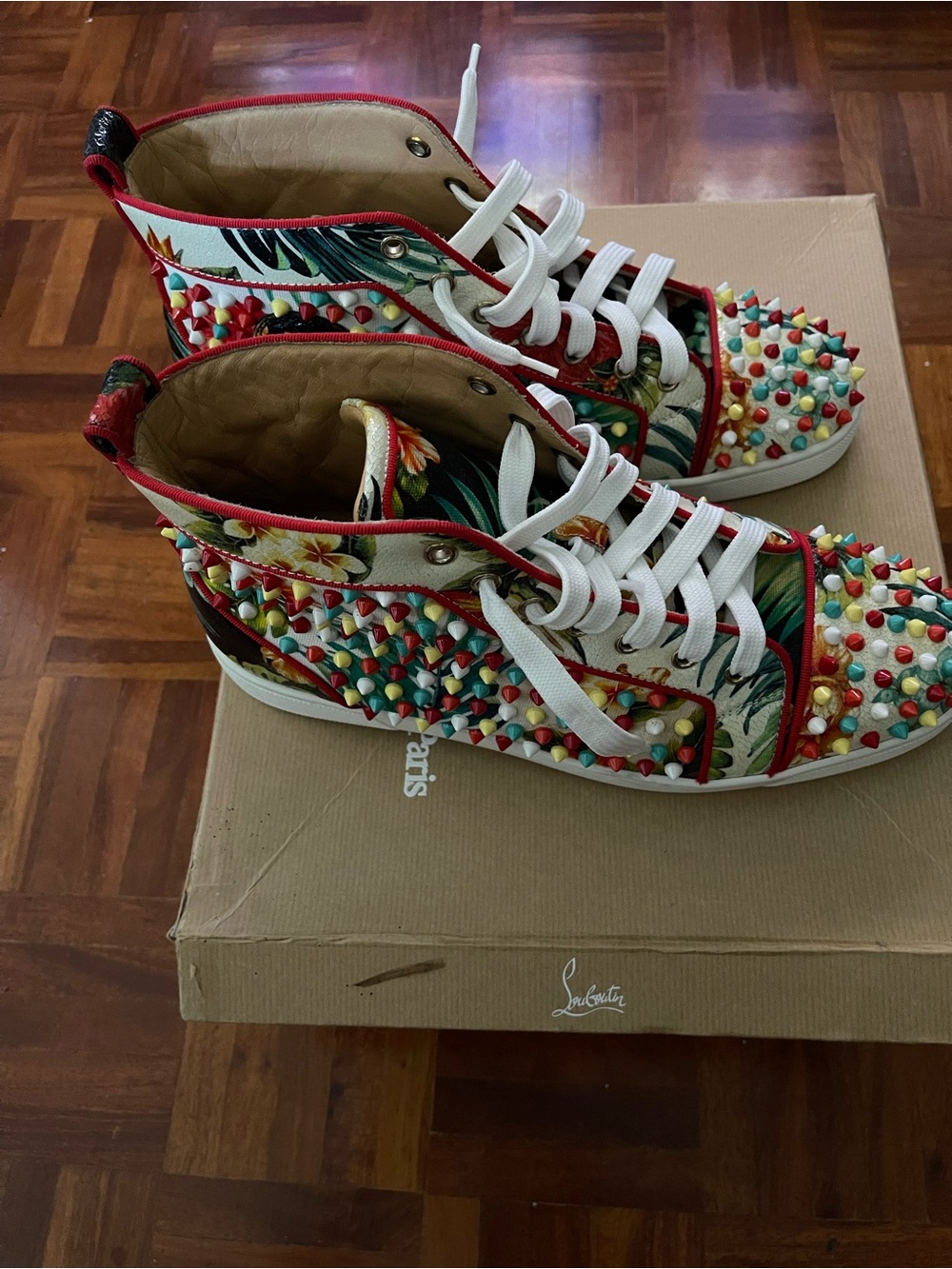 Christian Louboutin White Tropical Floral Spike-Embellished High-Tops